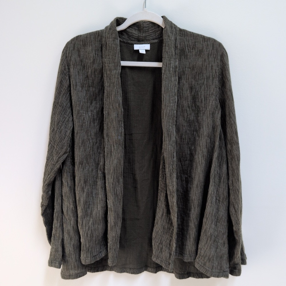 J.Jill PureJill Large Open Front Cardigan Peatmoss Green 100% Cotton Forest Fall